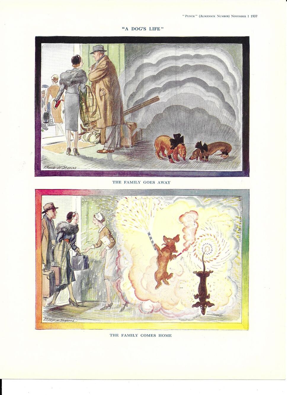 VINTAGE Color Shepard Cartoons - British 1937 Punch Magazine - "A Dog's Life"